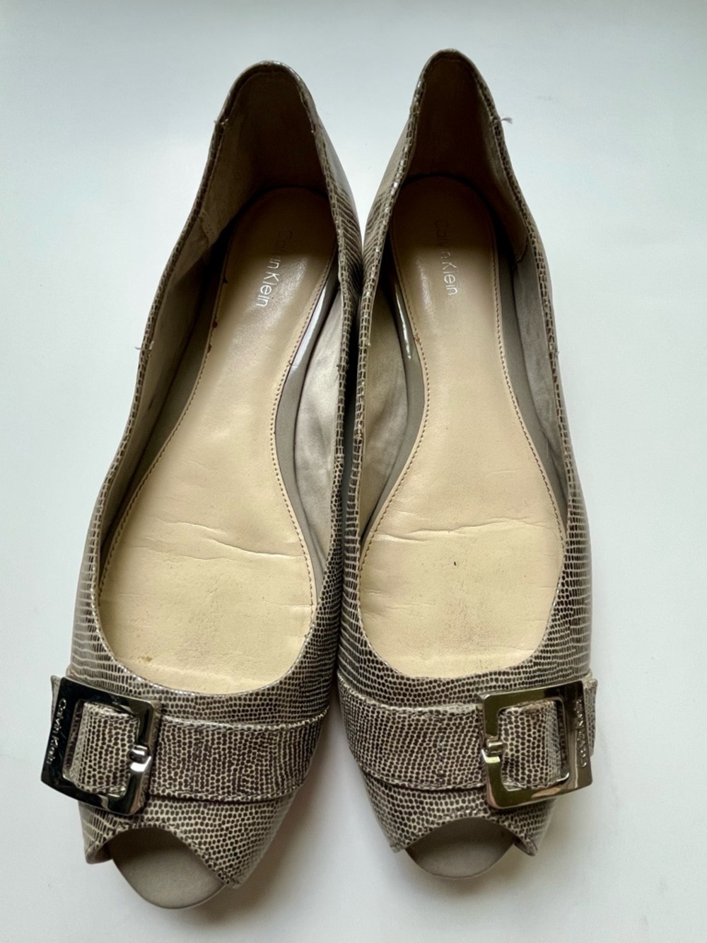 Calvin Klein Taupe Textured Peep-Toe Flats with Buckle Accent